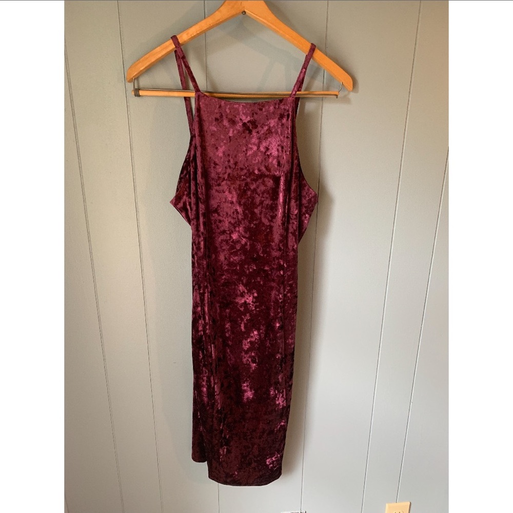 Wine colored crushed velvet midi dress